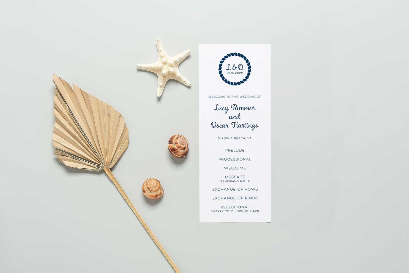 Sea Shells with nautical themed wedding program