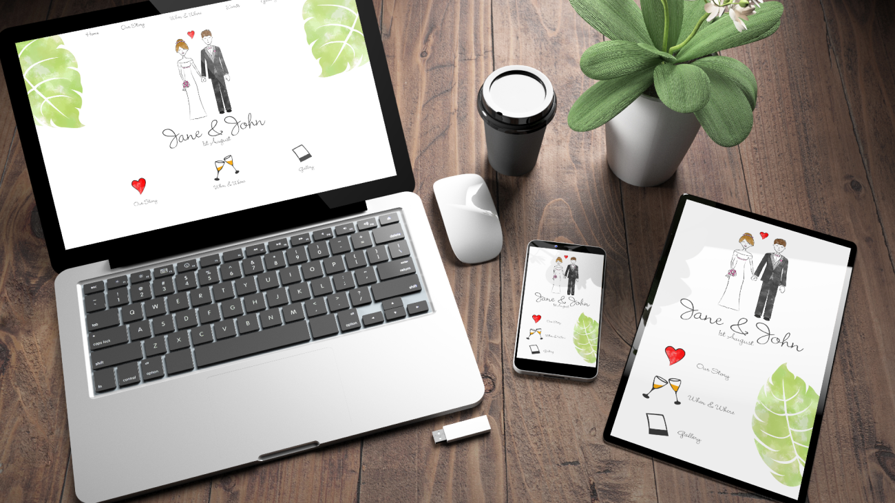 A 3D rendering of three devices with a wedding website on screen on a wooden desktop
