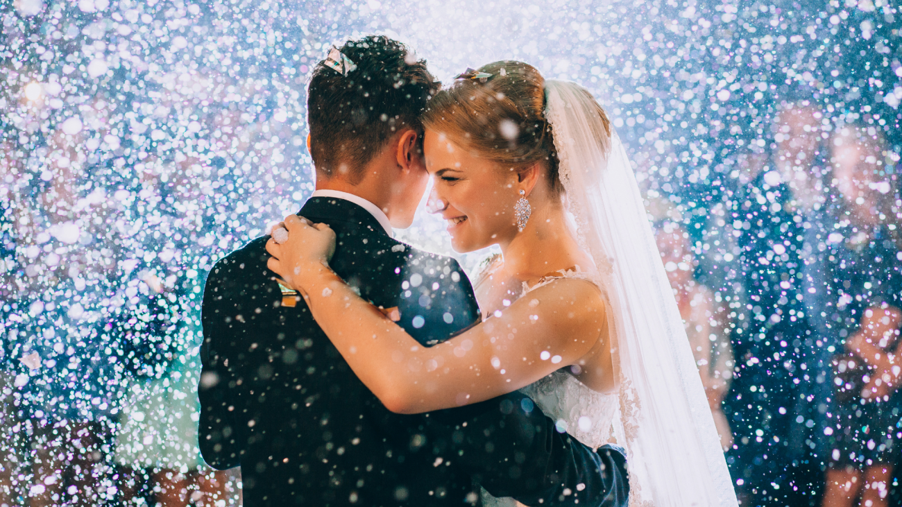a bride and groom sharing their first dance