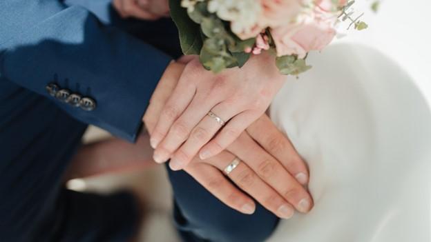 a bride and groom holding hands while wearing their wedding rings