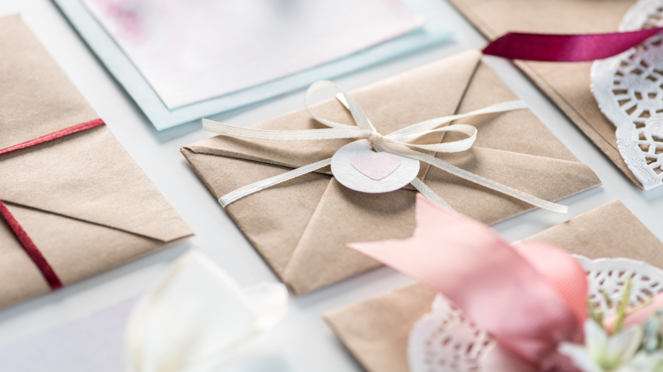 a collection of wedding invitations and envelopes