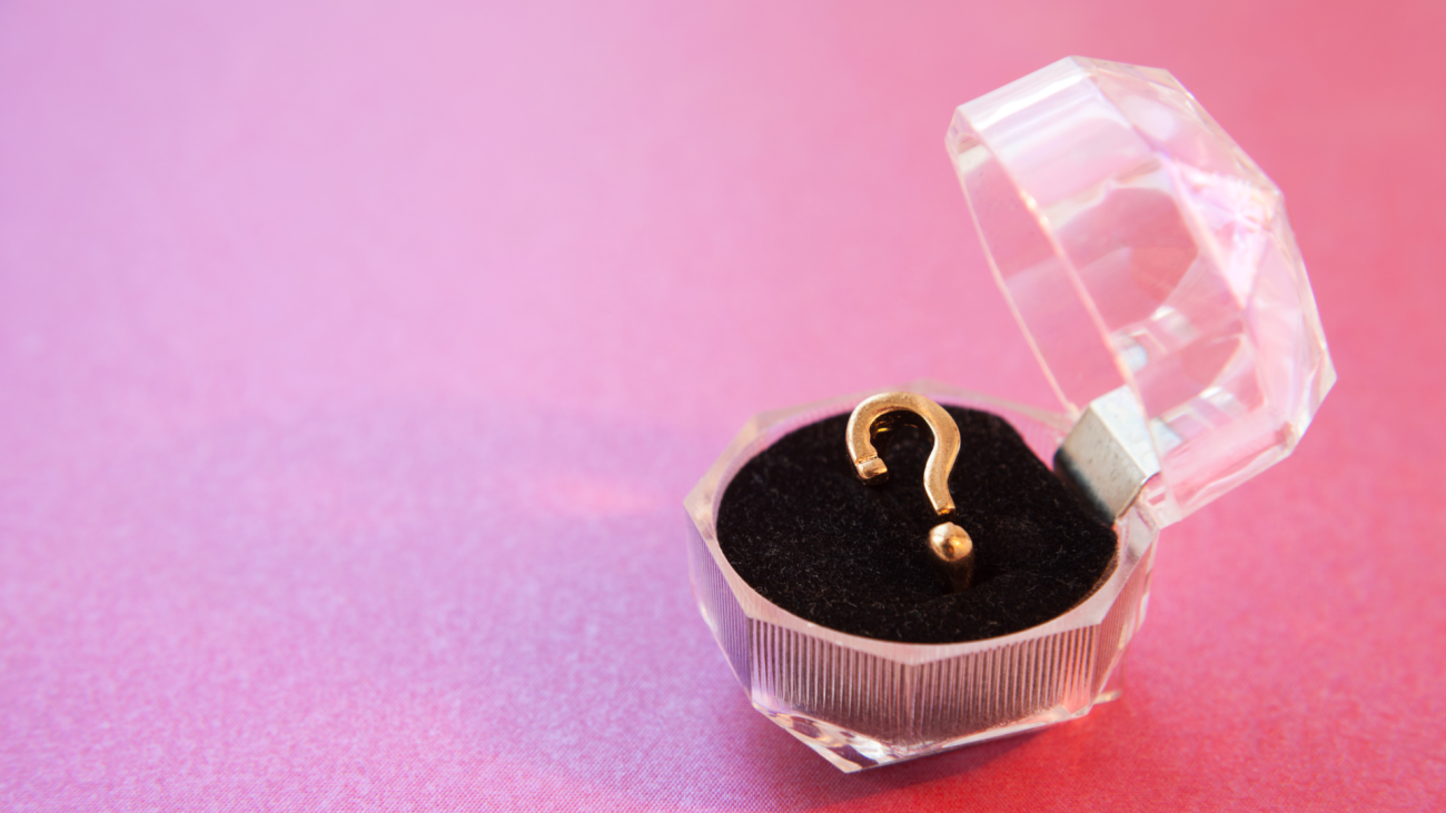 a question mark in a ring box to symbolize popping the question for an engagement
