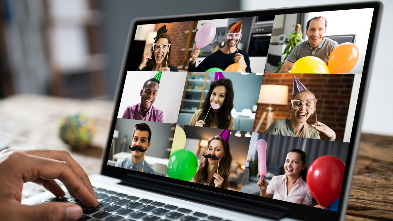 a group of people host a virtual online party via webcam