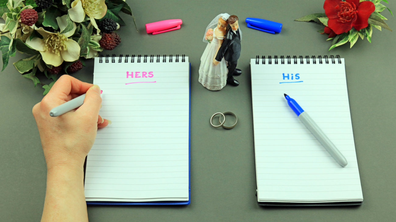 two wedding guest lists, one labeled with “hers” and the other labeled with “his”