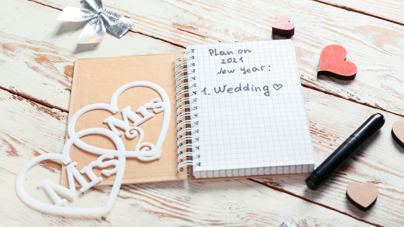 a notebook with the words “Plan on 2021 New Year: 1. Wedding" with a heart drawn on the side plus there are “Mr.” and “Mrs.” decoration on the left