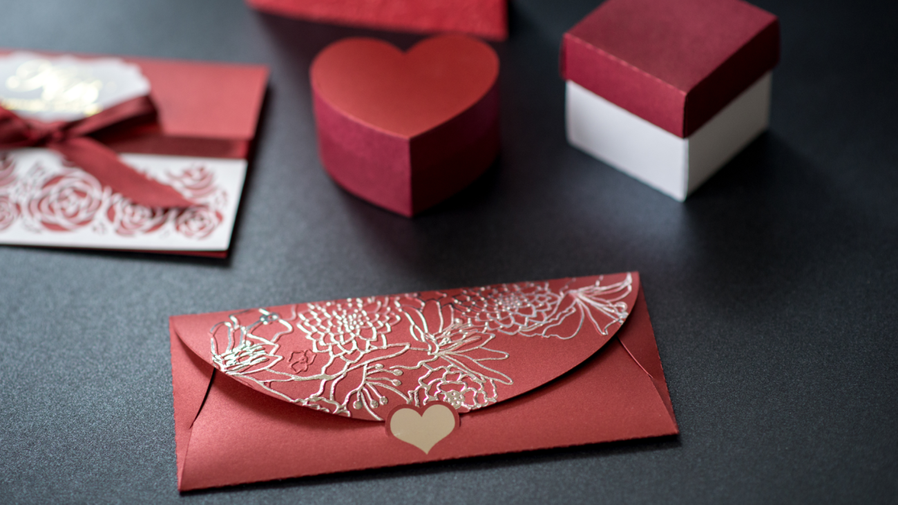 a red envelope with raised foil