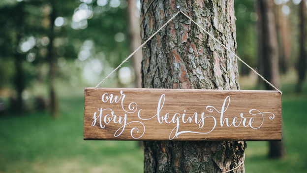 rustic wedding invitation sign featuring the words “our story begins here” hanging on a tree