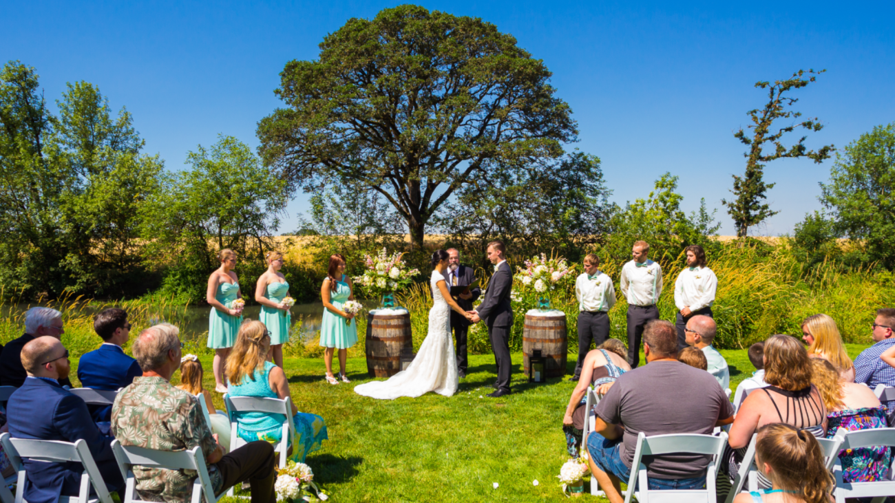 a small outdoor wedding ceremony in front of a tall oak tree