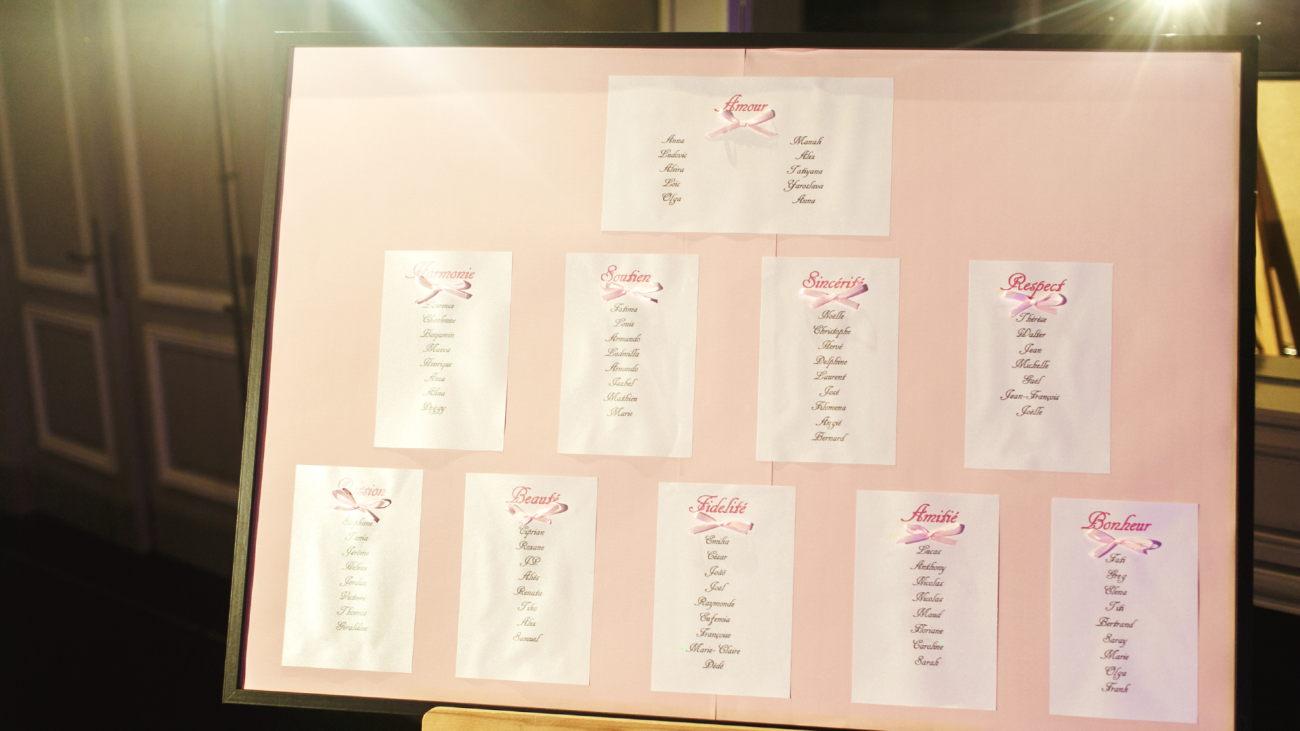 lists of wedding guests and their assigned seats at a wedding venue