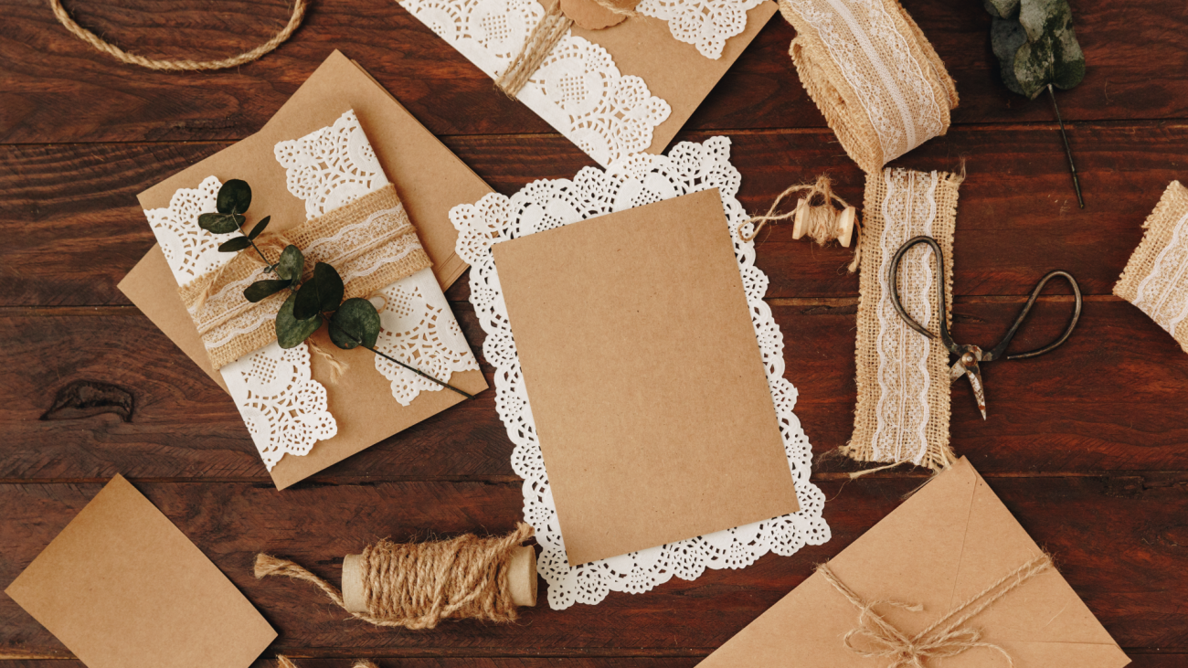 wedding program craft items featuring paper, lace, rope, and flowers