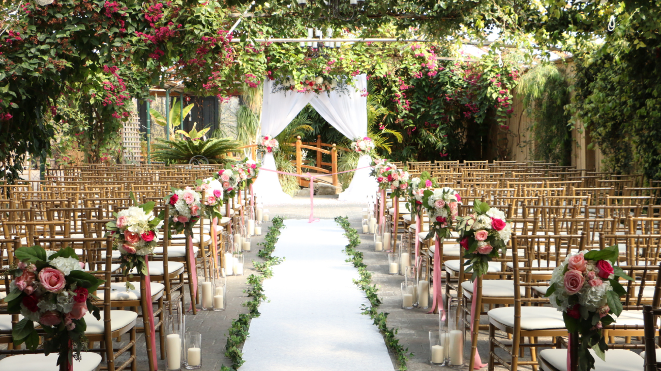 a wedding venue decorated with flowers