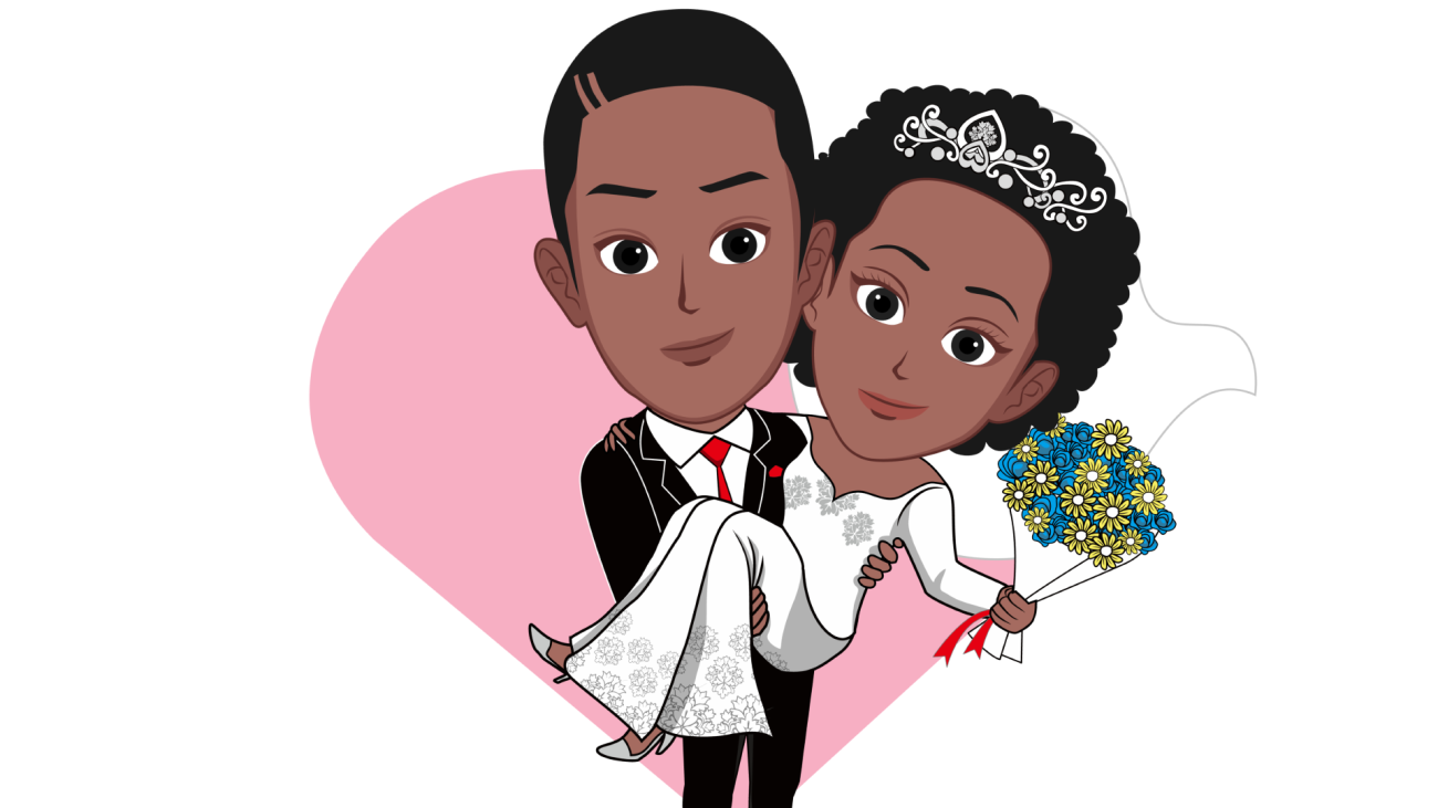 a bride and groom caricature