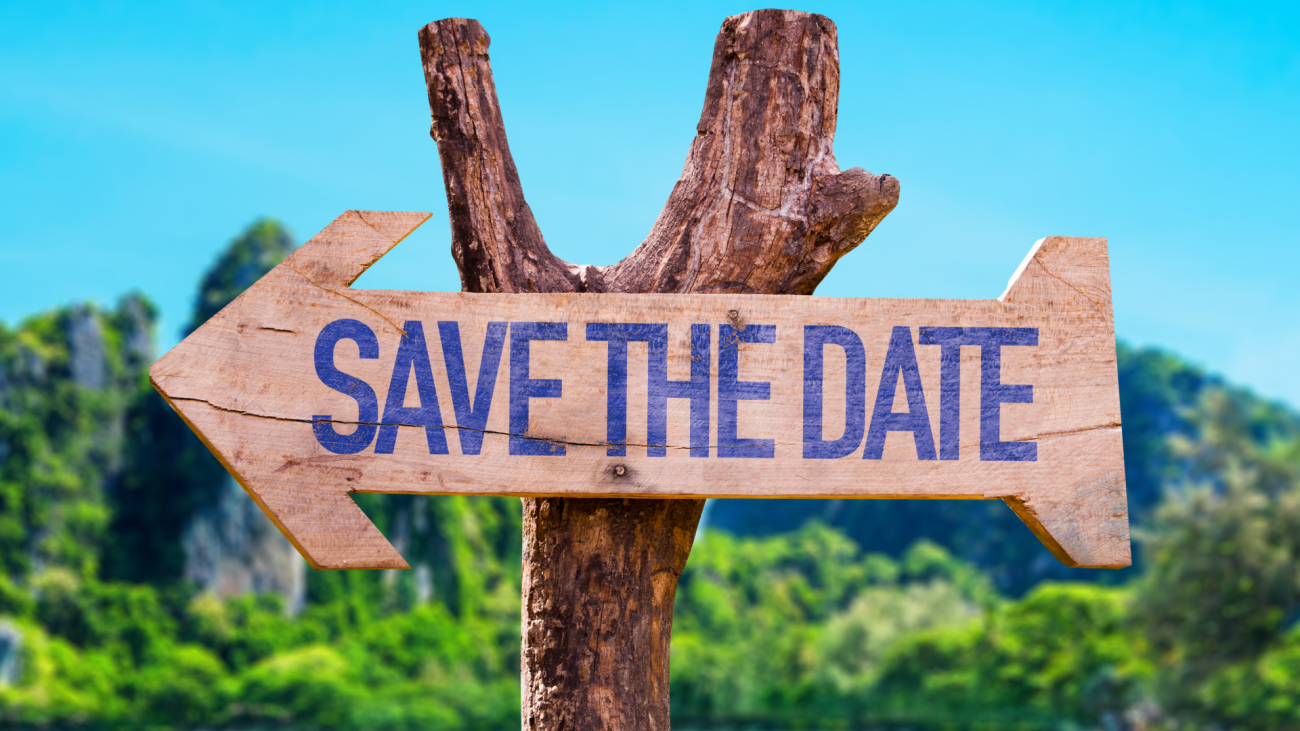 a sign of an arrow labeled with the words “save the date” with a beach background for a destination wedding