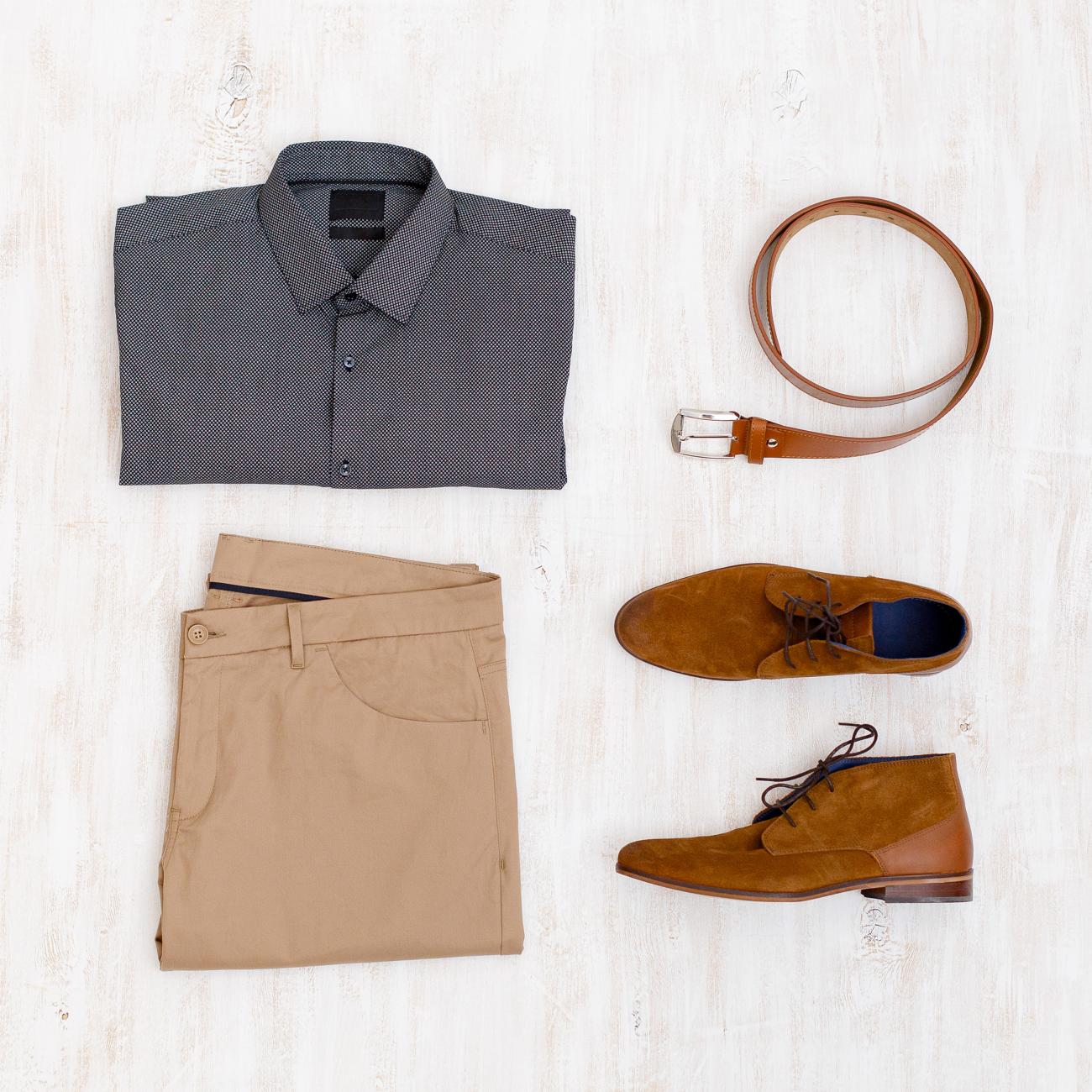 Flatlay with men's shirt, pants, brown shoes and belt