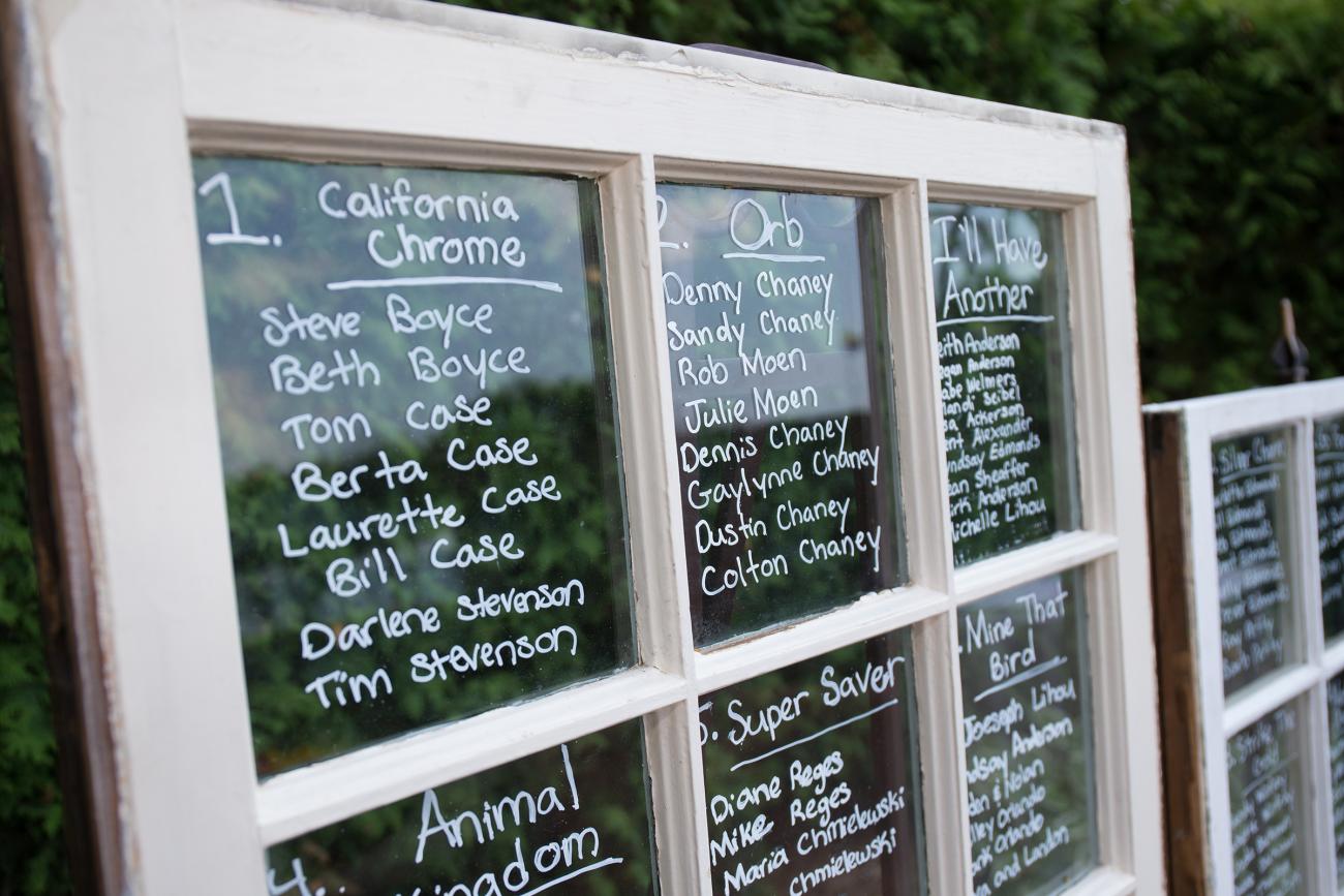 Window pane seating chart with guests names written on it