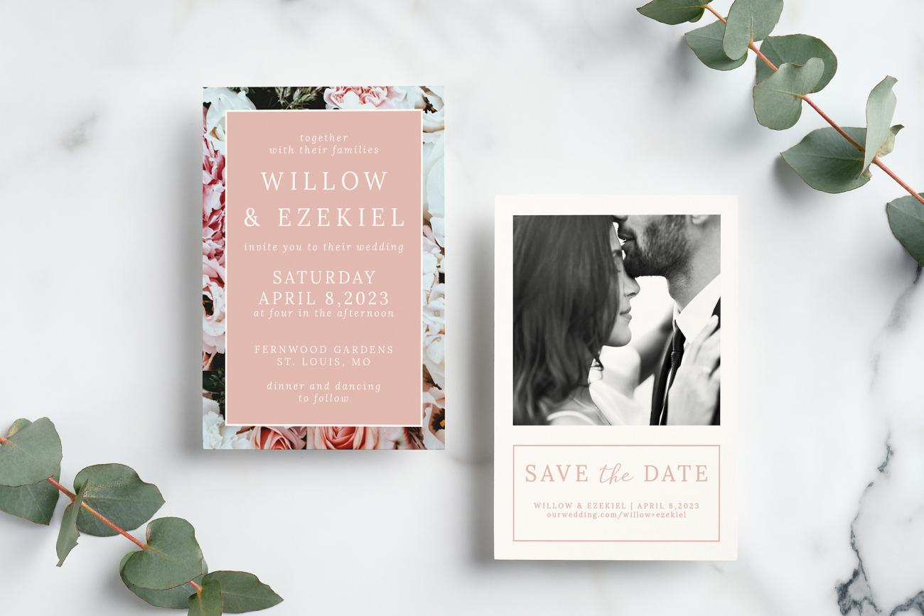 Coordinating wedding invitation and save the date with pink flowers and text
