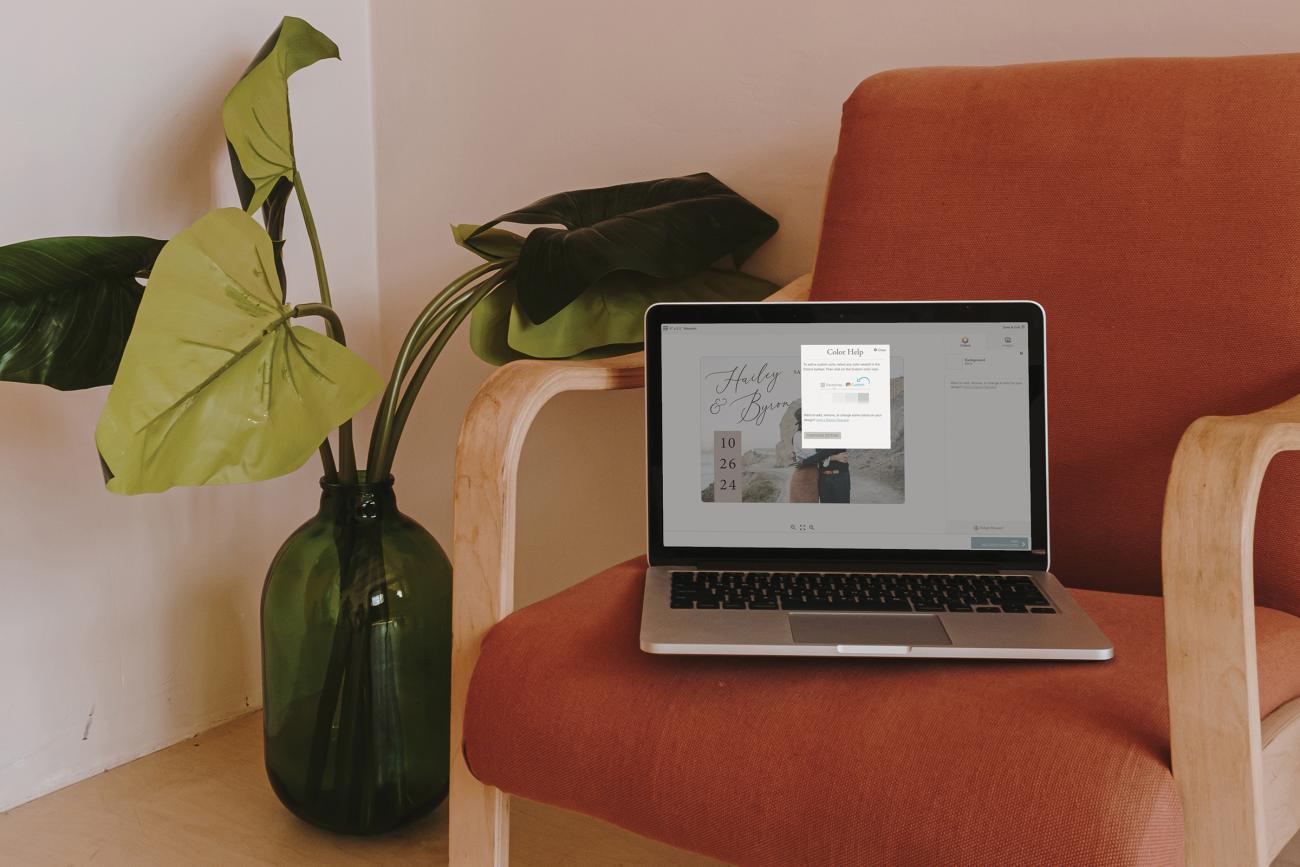 Laptop sitting on chair next to a plant