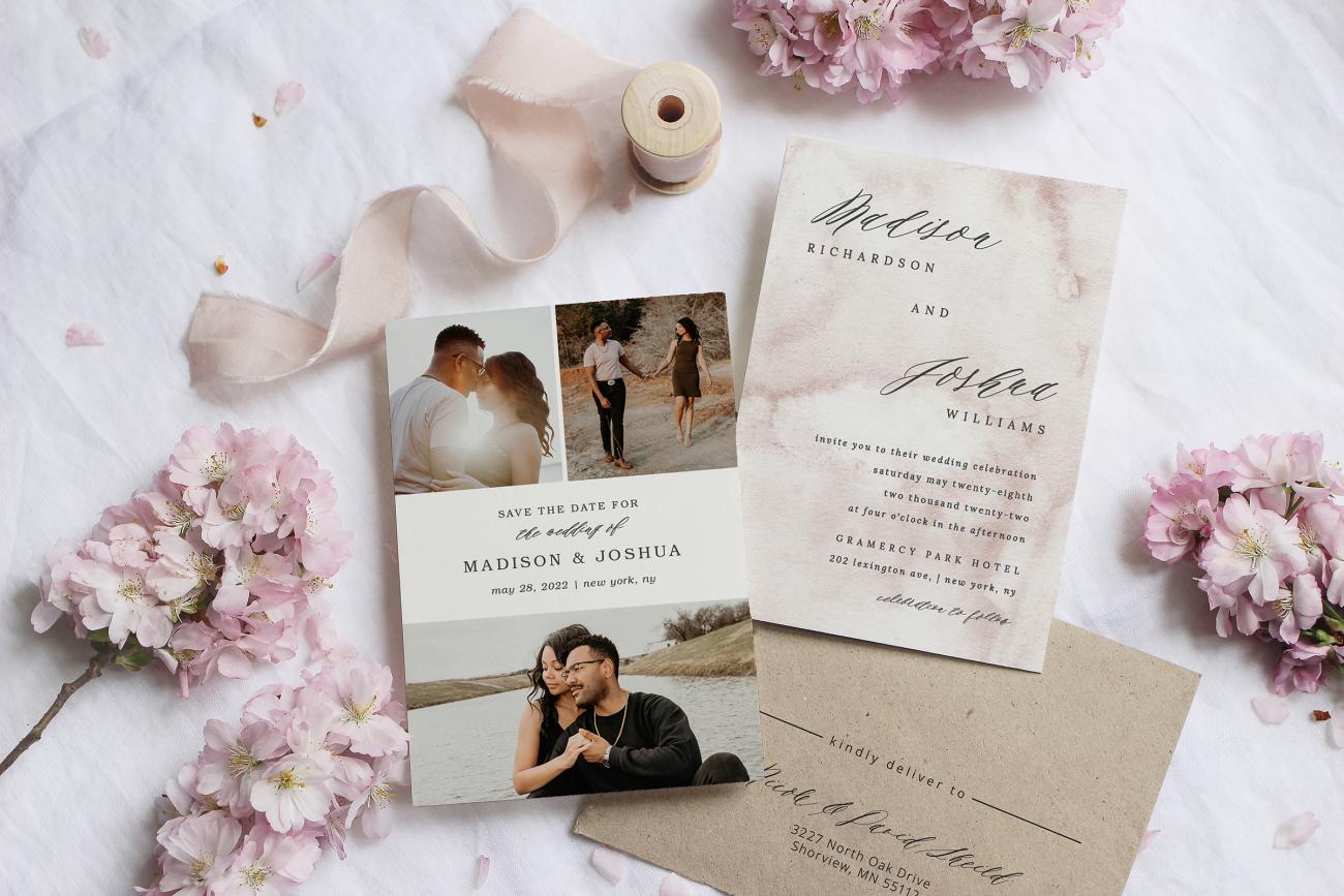 Matching save the date and wedding invitation surrounded by flowers and ribbon