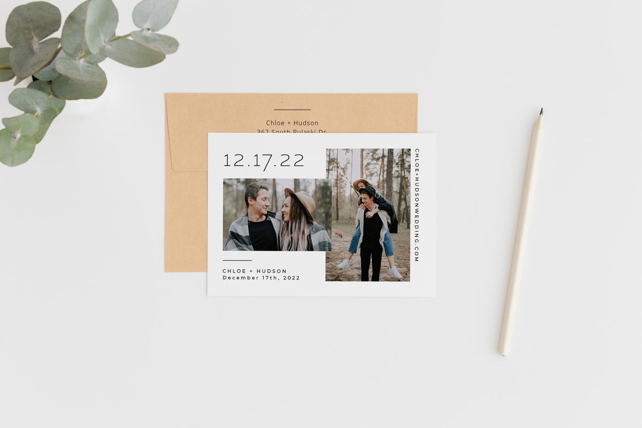 Save the date card and envelope lying flat on a table