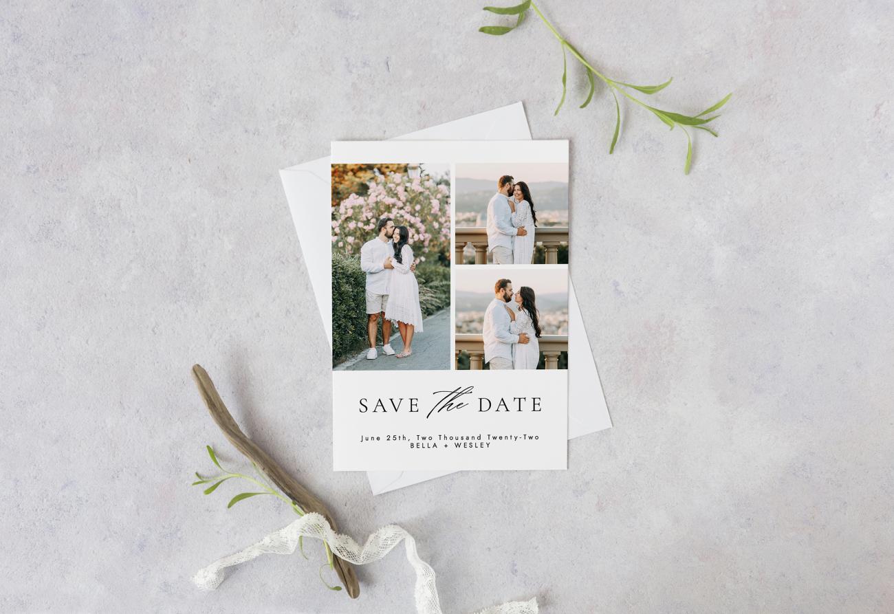 Save the date with three photos on it surrounded by greenery