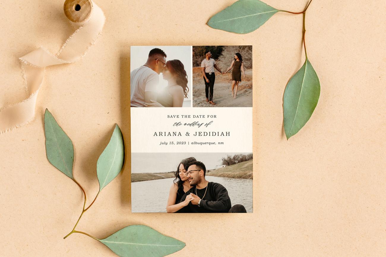 Save the date laying flat next to ribbon and green eacalyptus.