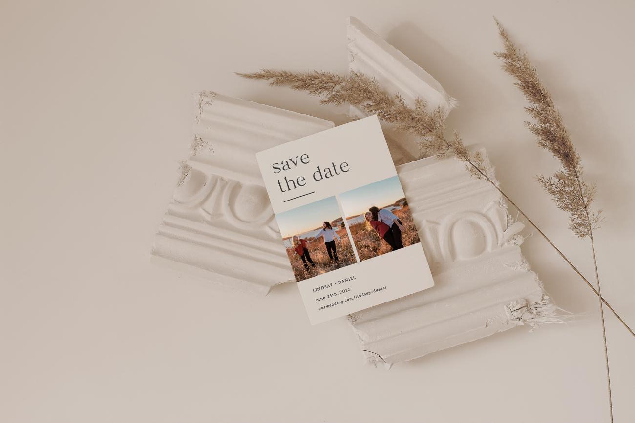 Save the date on top of marble column pieces and wheat