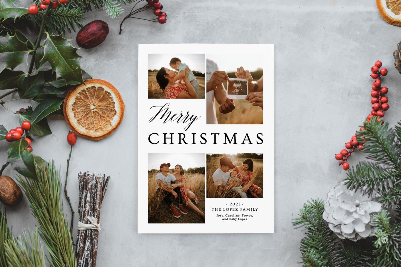 Christmas Card with evergreens and oranges