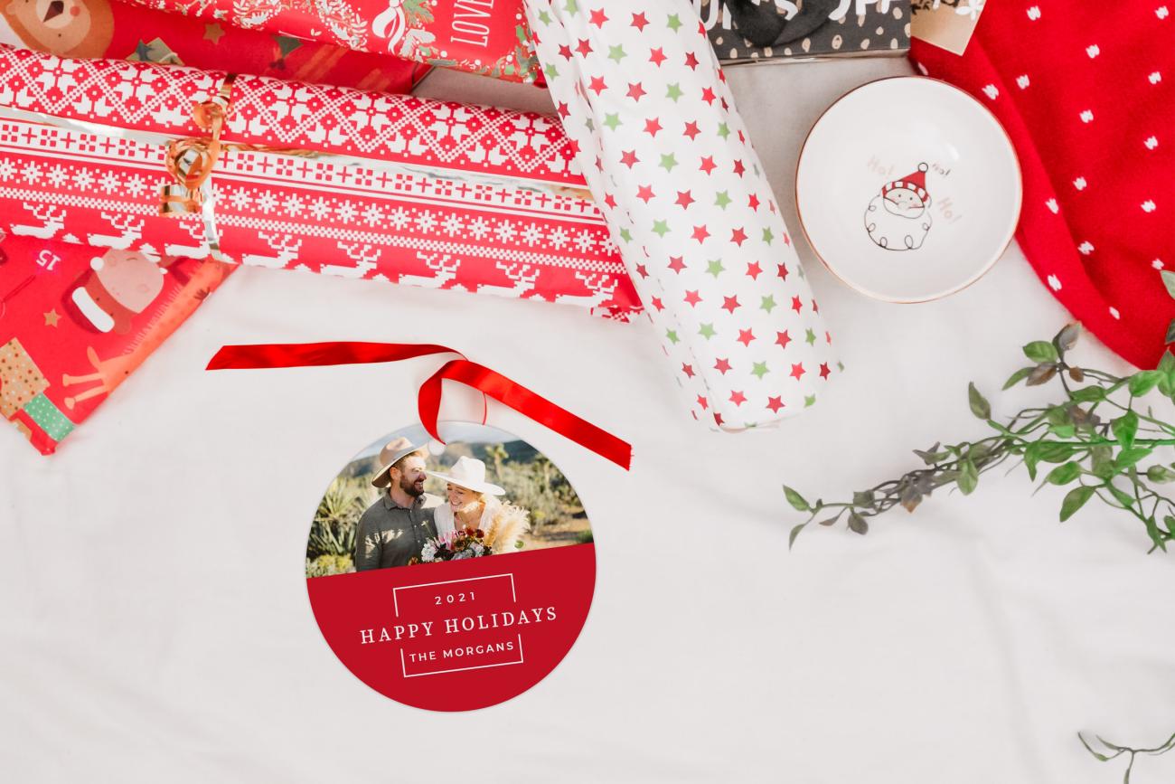 Christmas Ornaments next to Christmas presents