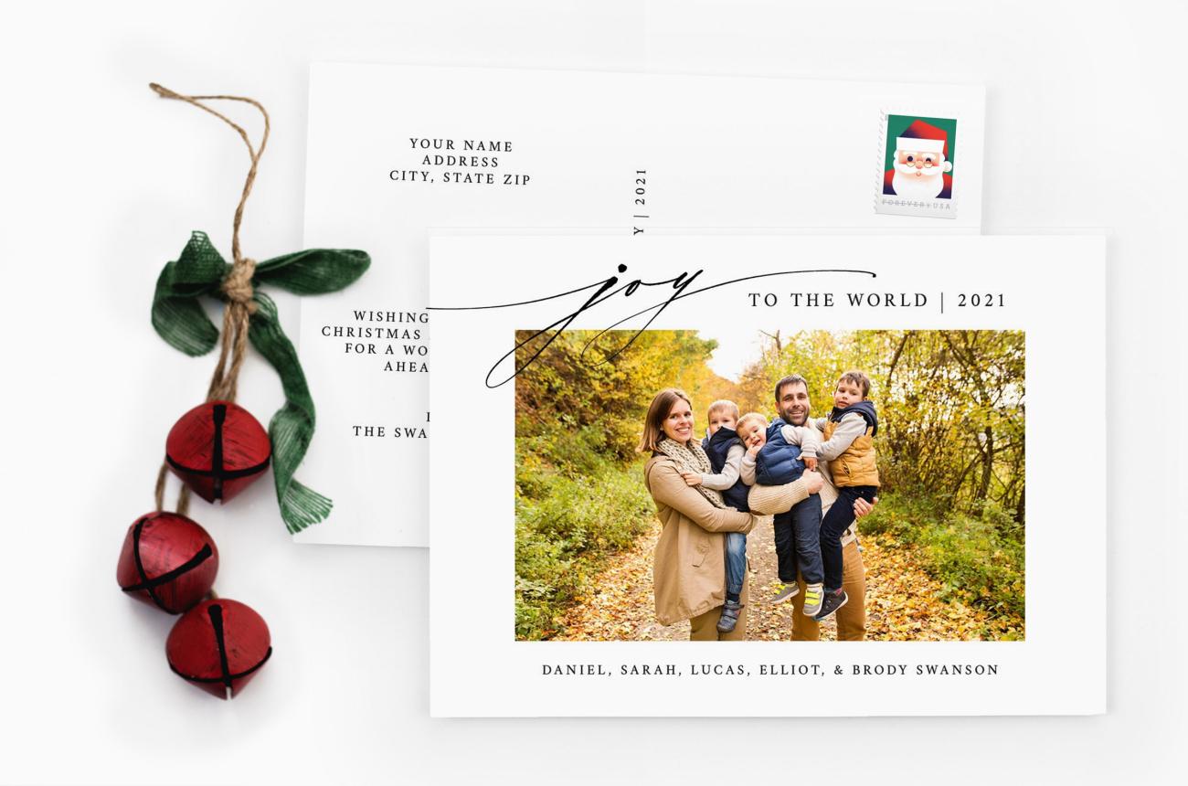 Christmas Postcard next to Red Christmas Bells