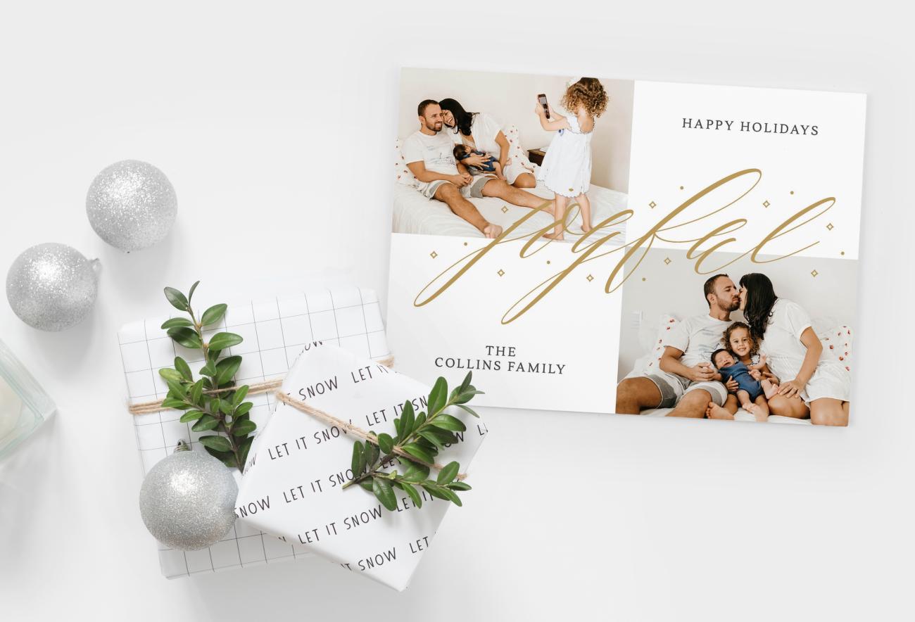Elegant Christmas Cards with white presents and Christmas bulbs