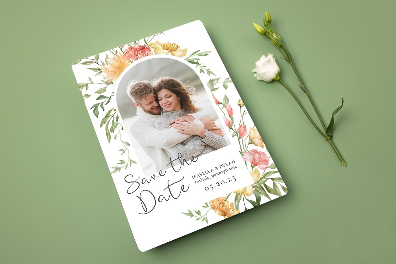 Save the Date Magnet on green background next flower