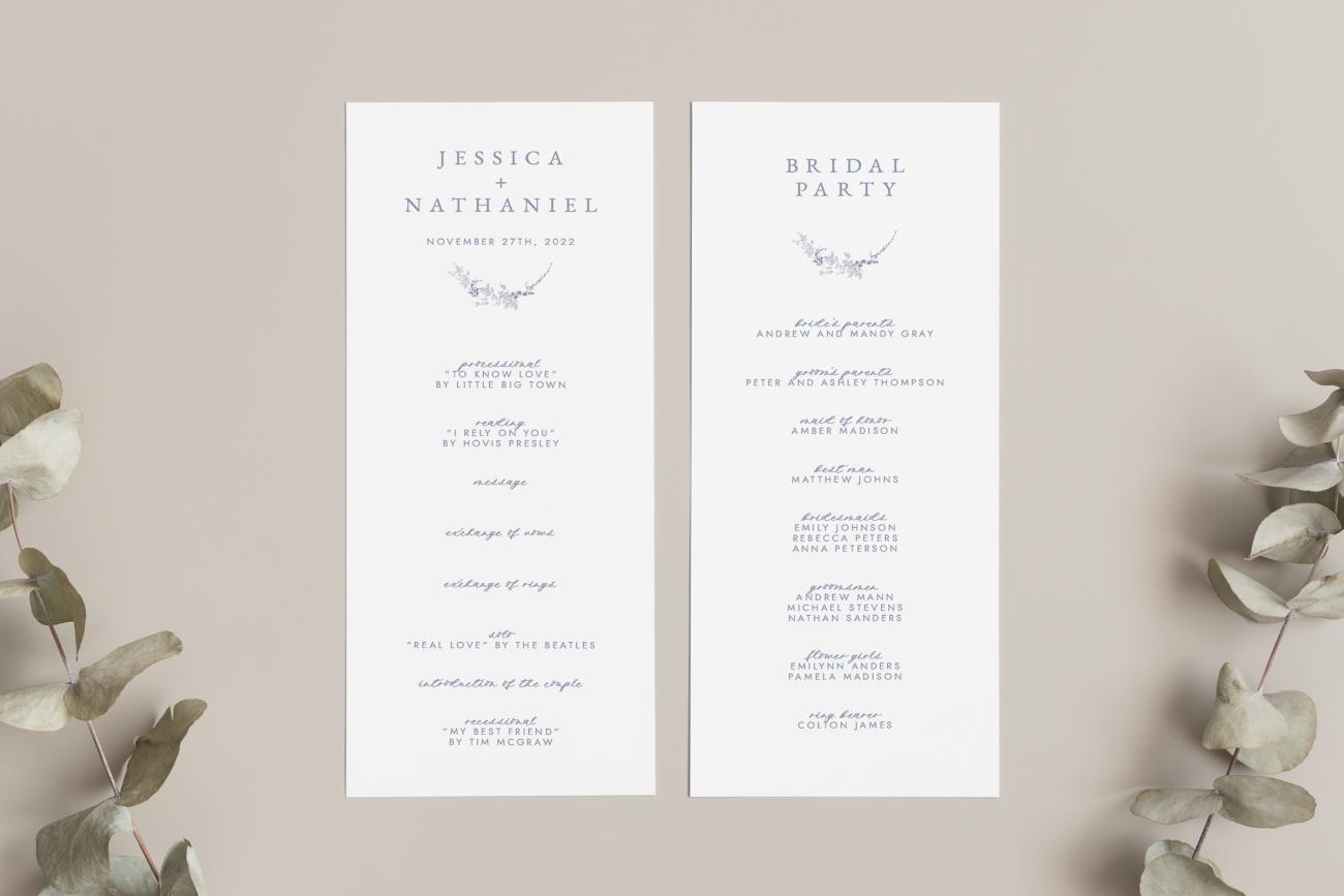 Tea length wedding program next to eucalyptus