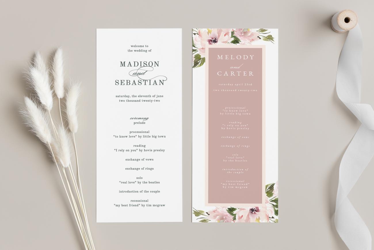 Two tea length wedding programs next to ribbon spool and sprig