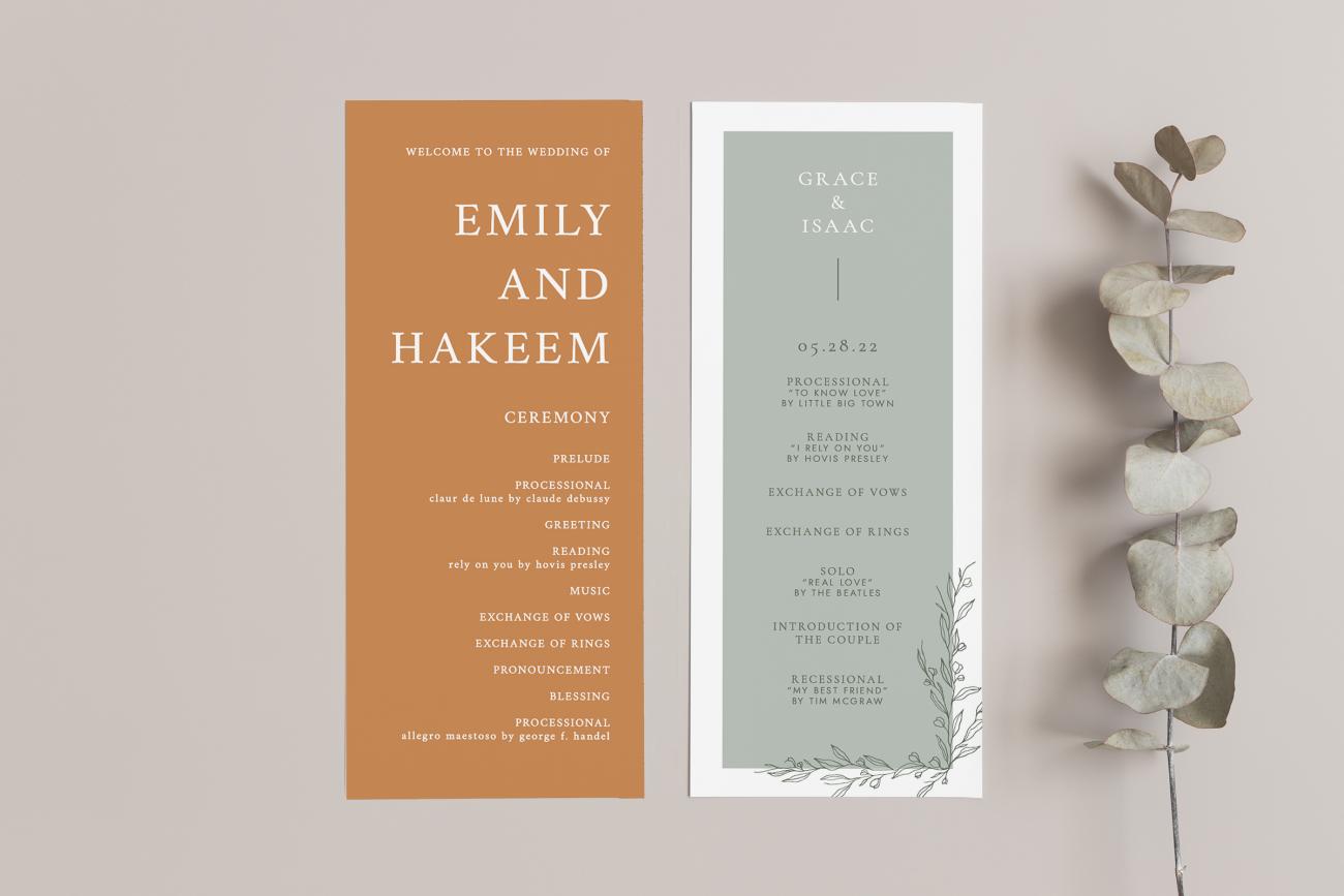 Two tea length wedding programs next to sprig of eucalyptus