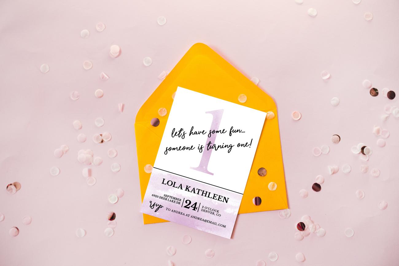 Birthday party invitation on top of yellow envelope surrounded by confetti
