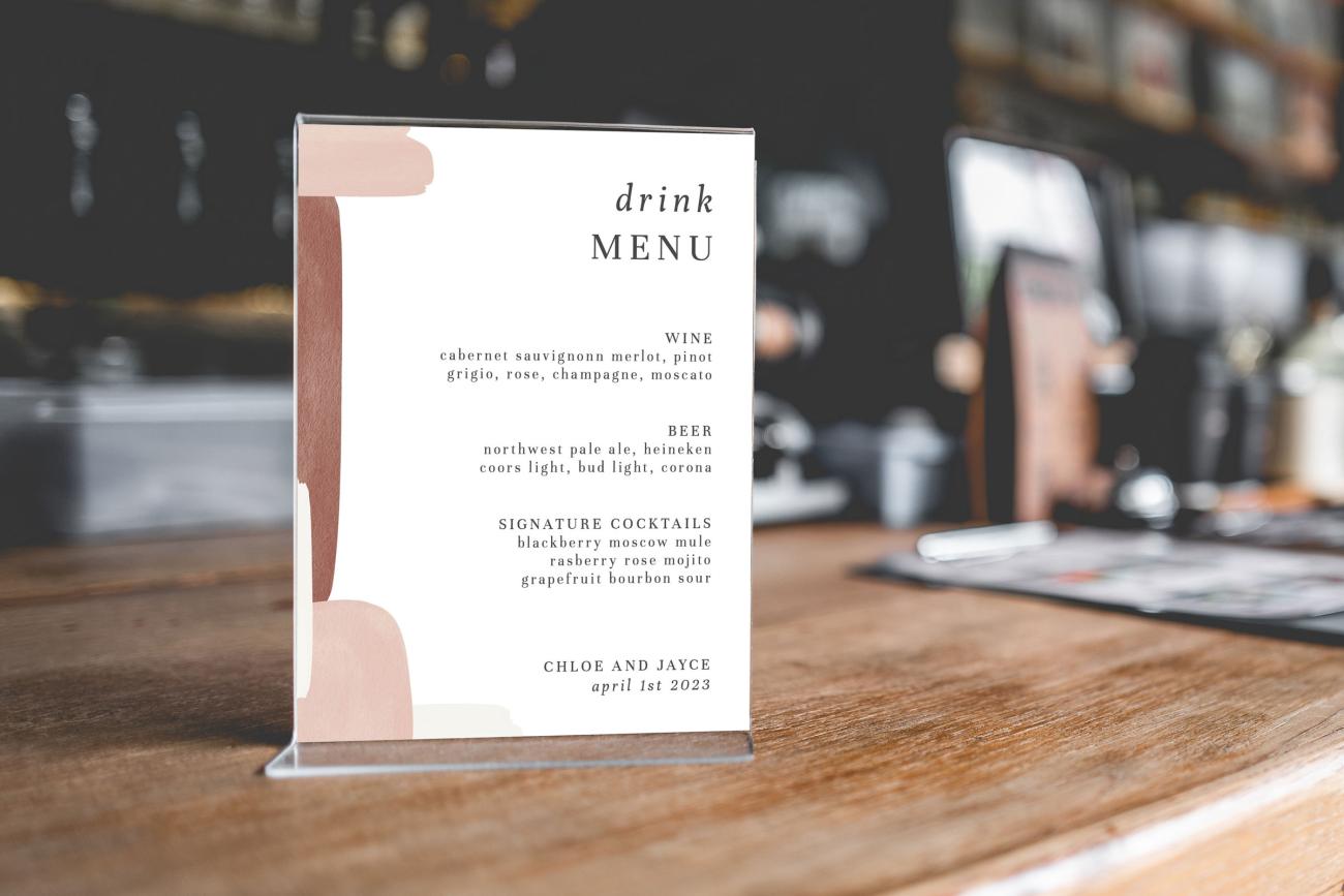 Drink Menu Sign on the bar at a wedding reception
