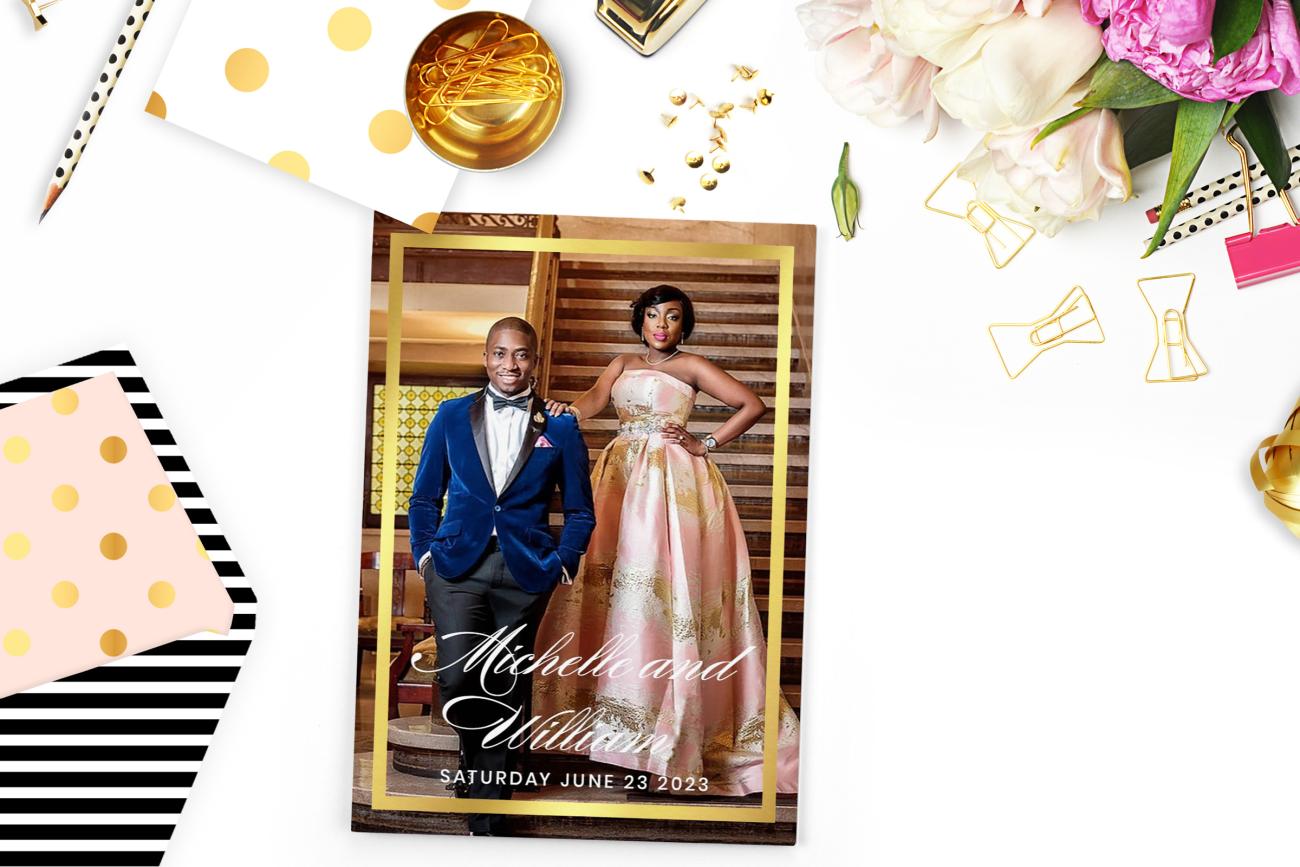 Bold Gold Foil Save the Date with bright desk accssories