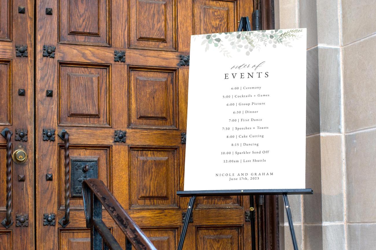 Custom Wedding Sign for 2023 showing the order of events of the wedding