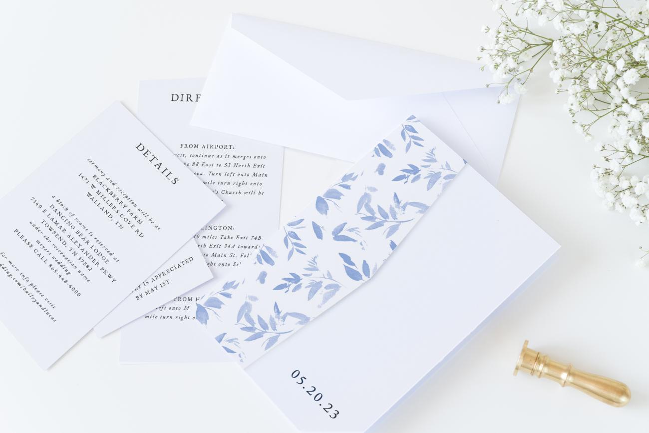 Delicate Pocket Wedding Invitation with details cards and baby's breath