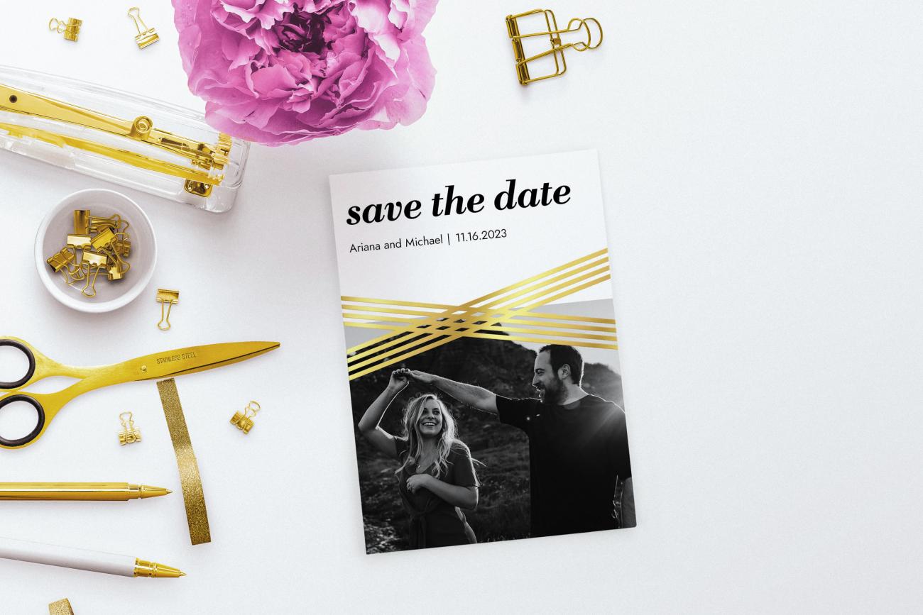 Gold Foil Save the Date with gold desk accessories