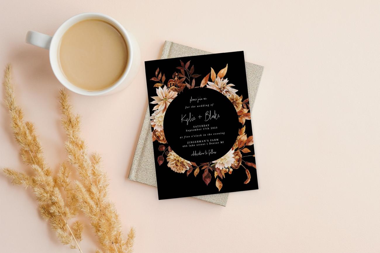 Rustic Wedding Invitation with graphic blooms and coffee