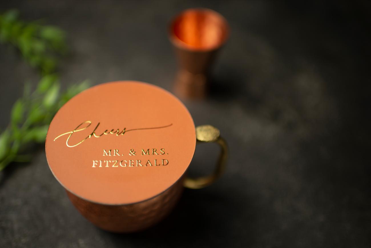 Cheers Coaster for weddings with gold foil