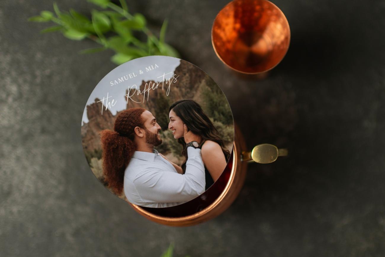 Artistic Wedding Coaster with photo on a copper cup
