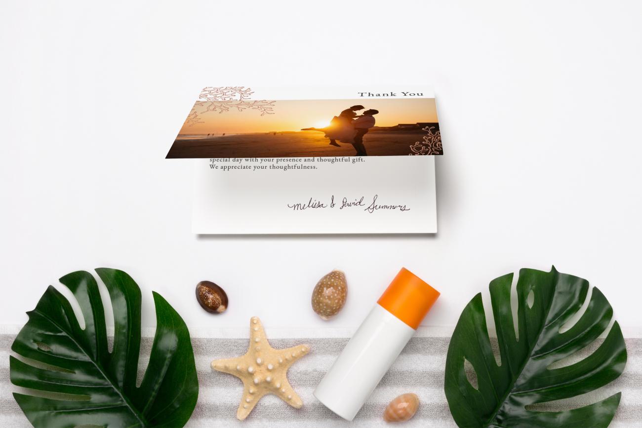 Beach Thank You with monstera leaf and shells