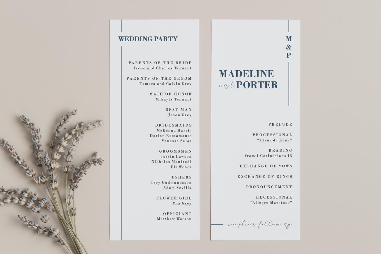 Both sides of Wedding Program with lots of info