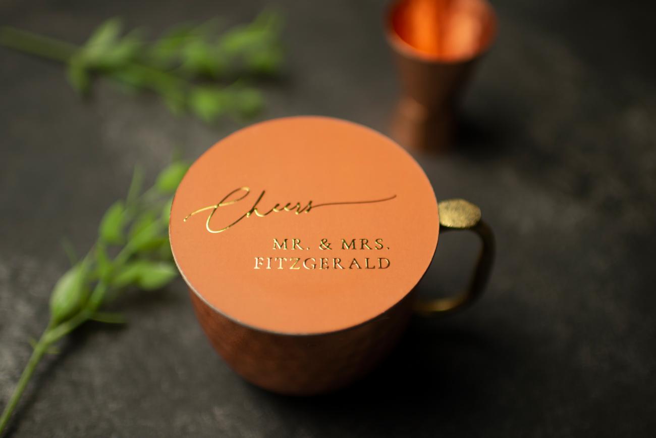Eco-friendly materials and custom foil on Wedding Coasters