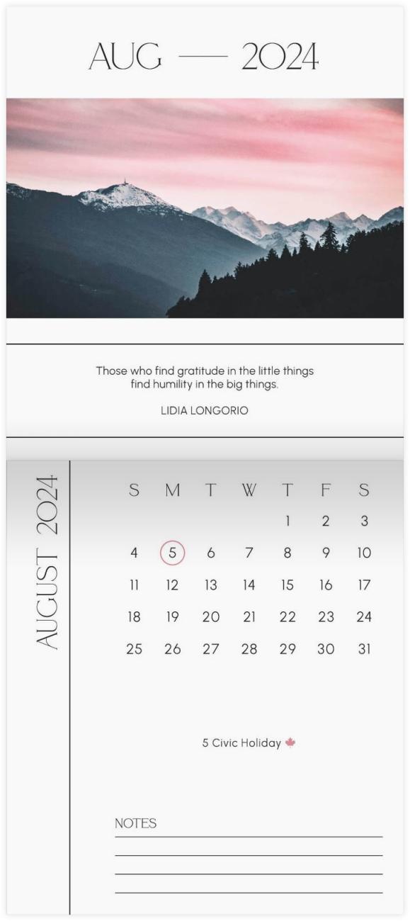Thankful & Grateful Calendar August