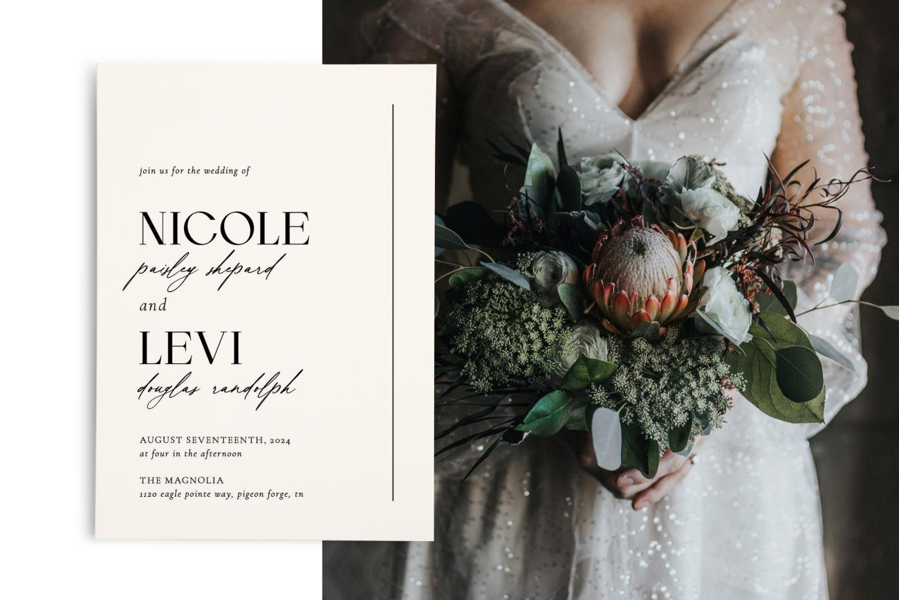 Bouquet and Wedding Invitations - Drama meets Rustic Charm