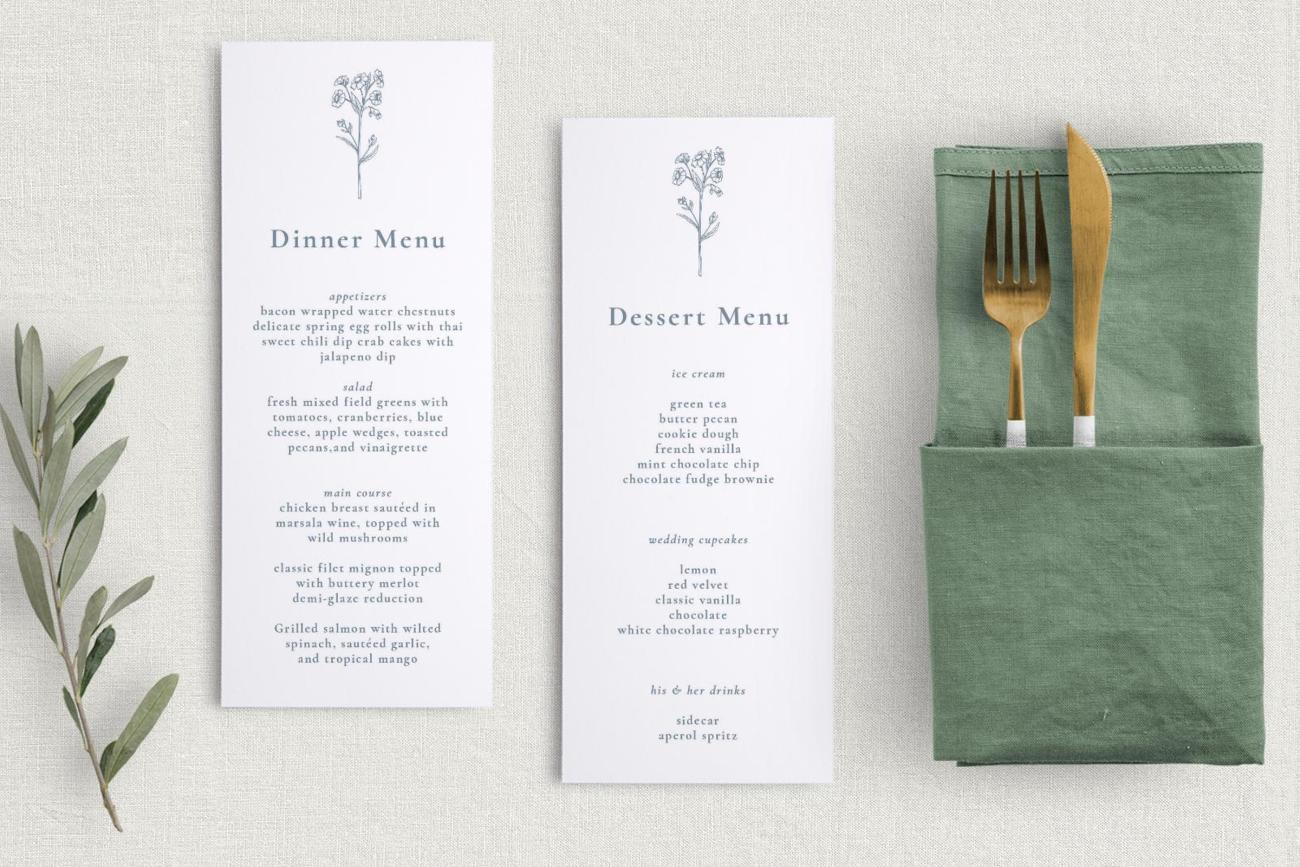 Wedding menu cards with napkin and silverware for wedding reception