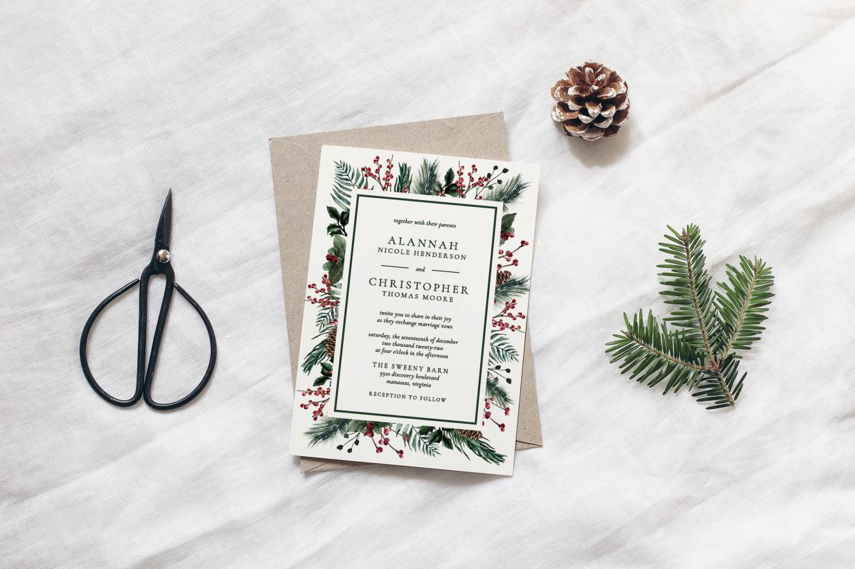 Winter wedding invitation on styled background